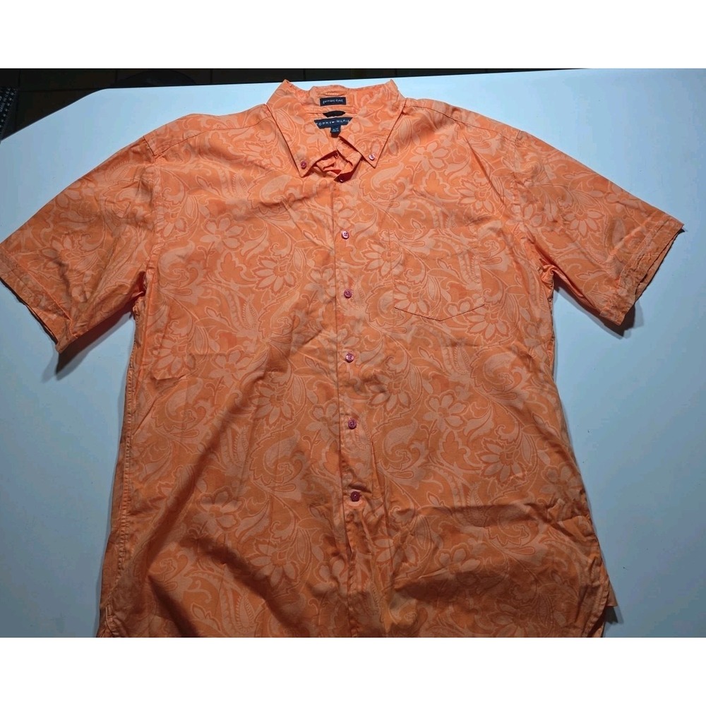 Tommy Hilfiger Shirt Mens Y2K XL Orange Button‎ Up Hawaiian Short Sleeves